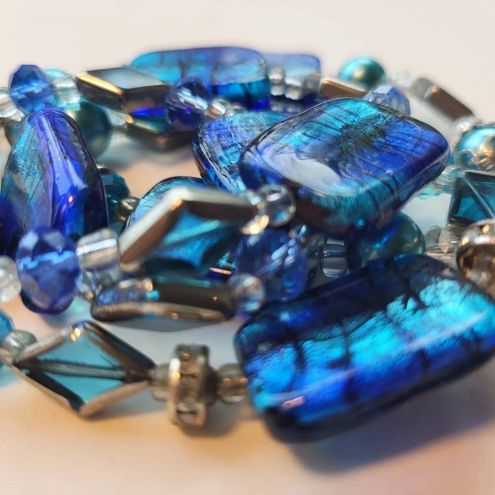 Vintage Glass Foil Bead Necklace Bracelet Set Blue Silver Tone Rectangle Beaded